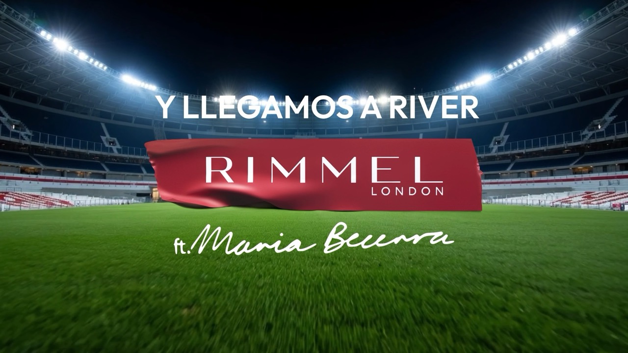 Título “Y llegamos a River” con el logo de Rimmel sobre el estadio